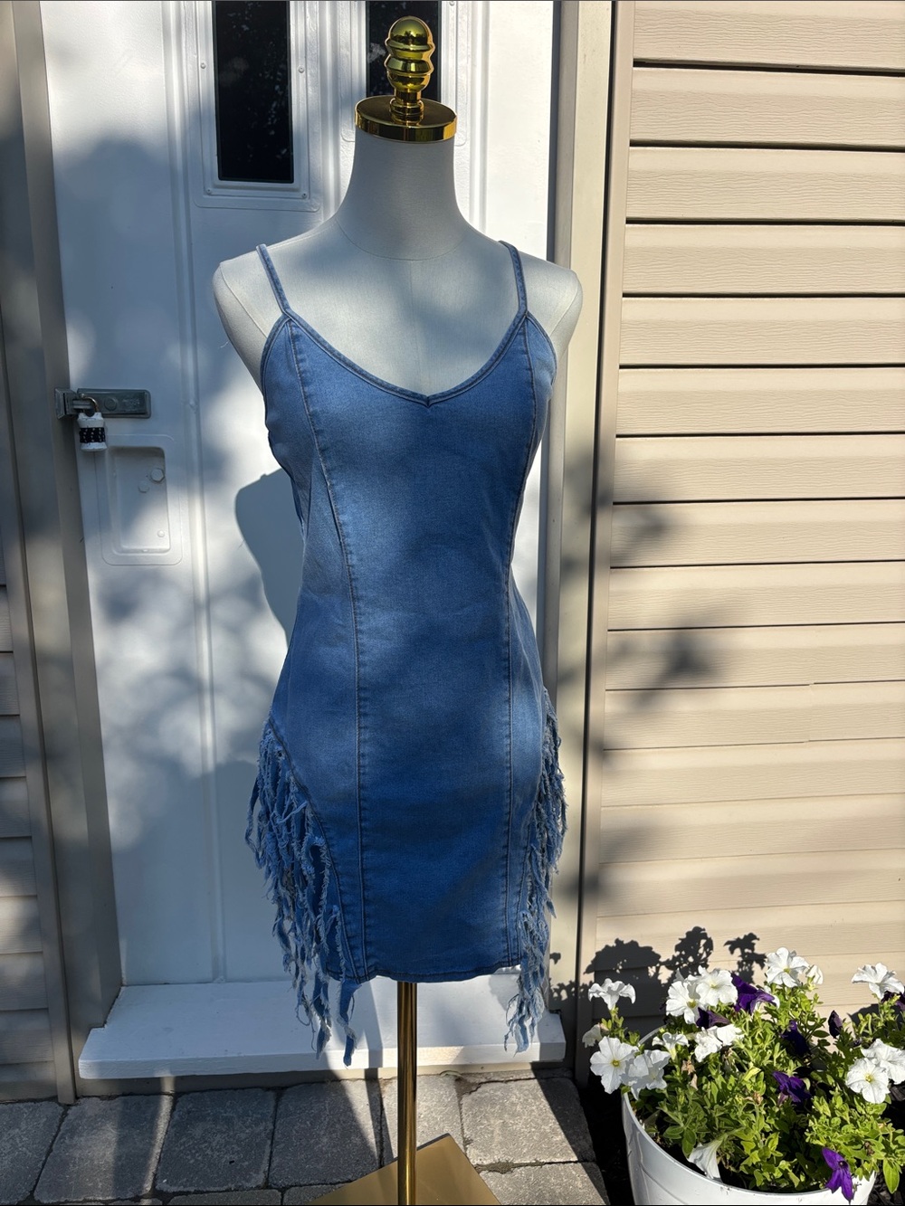 Fashion Nova Blue Denim Fringe Spaghetti- Strap Mini Dress